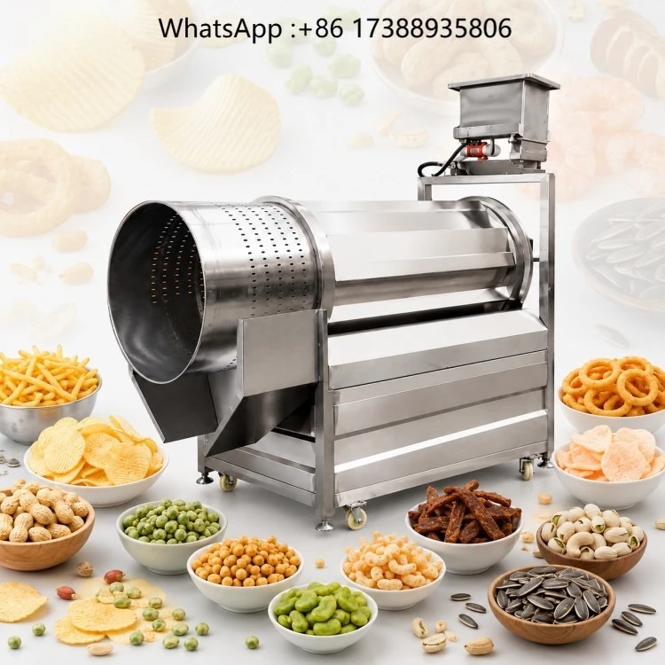 hot  Factory Automatic Stainless Steel Snack Seasoning Drum Rotary Flavoring Machine 100-400kg/h Capacity Processing
