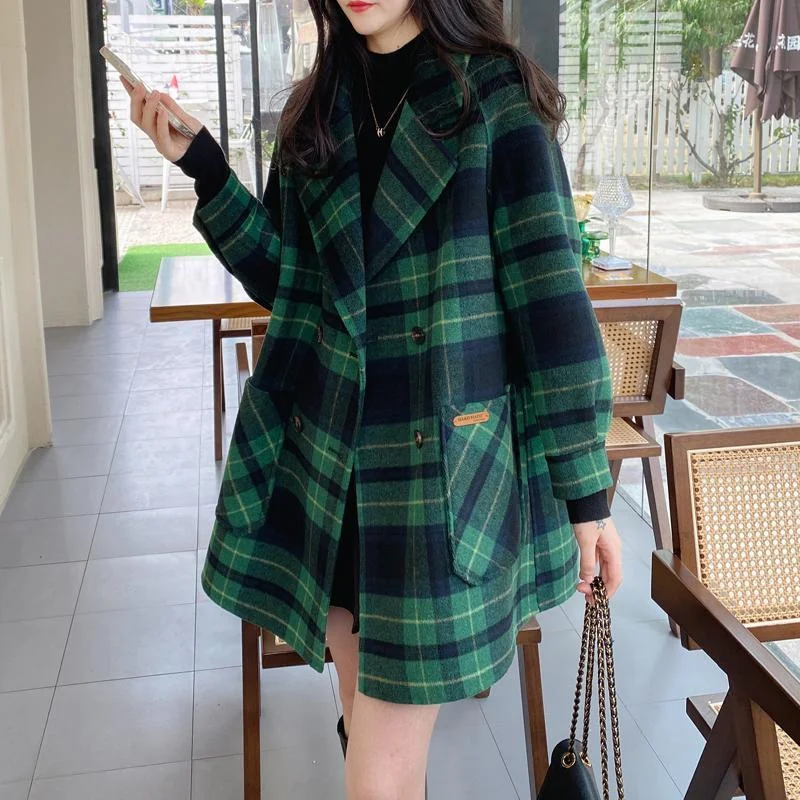 Retro Plaid Wool Coat Female Autumn Winter 2023 New Age-Reducing Brown Green Patchwork Receiving Waist Double-Sided Tweed Coat X