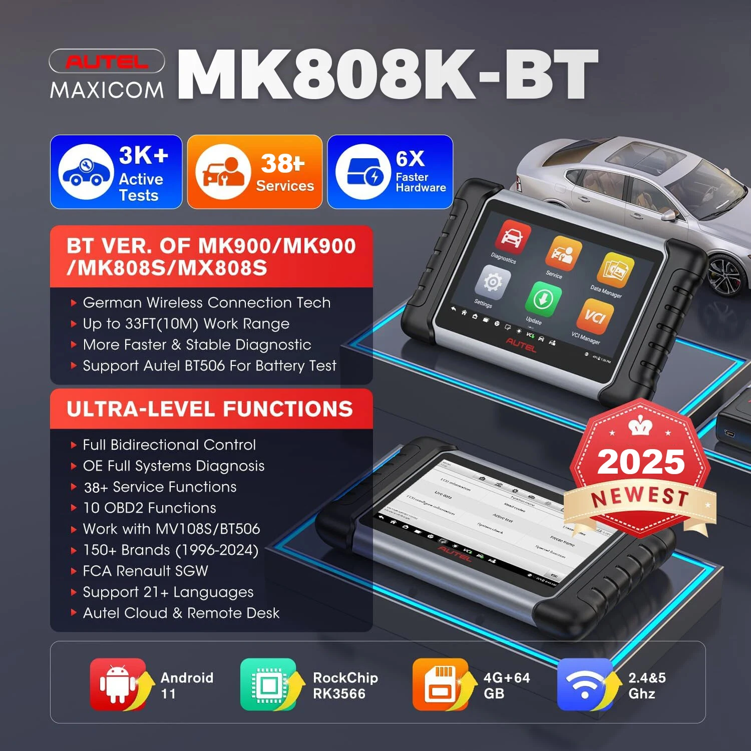 Autel MaxiCOM MK808K-BT OBD2 Scanner Automotivo Car Diagnostic Scan Tool MK808K BT OBD 2 Code Reader Key Coding Active Test