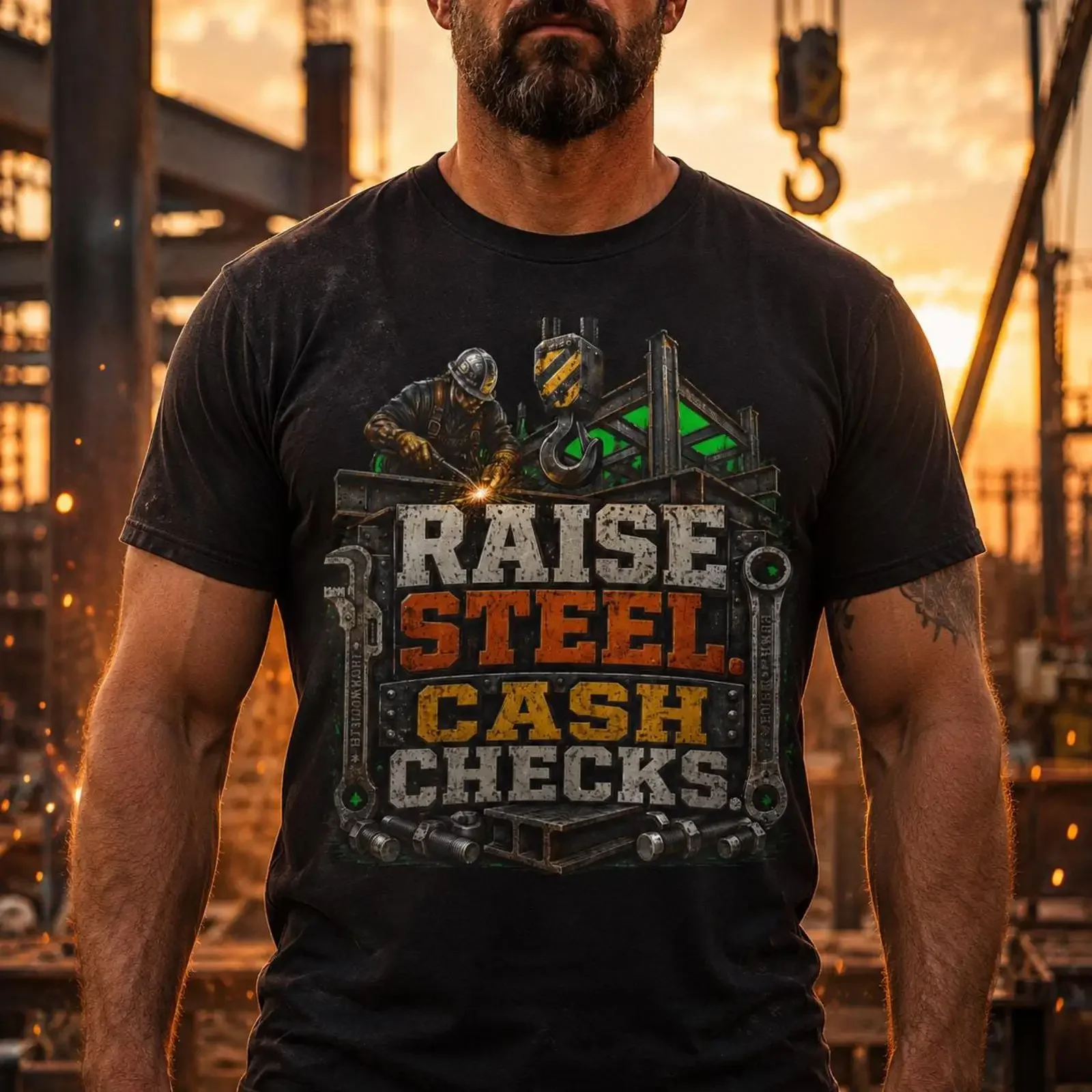 Ironworker T Shirt Steel Worker Raise Cash Checks Structural Blue Collar Tradesman vintage Washed streetwear designer clothes