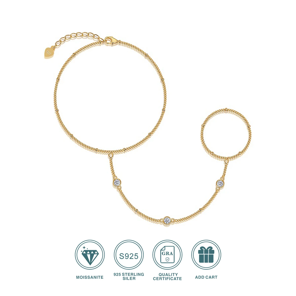 JIUZUAN S925 Gold Color Sterling Silver Moissanite Bracelet Ring Chain Gold Hand Chain Adjustable Jewelry for Women Fashion