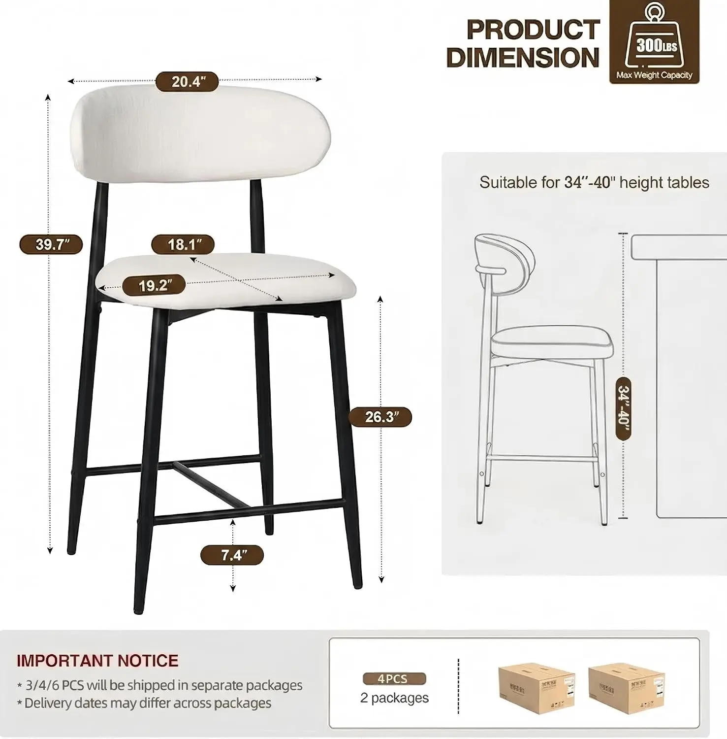 Counter Height Bar Stools Set of 4, Upholstered Counter Stools Modern Barstools with Metal Legs for Kitchen Island Dining Room