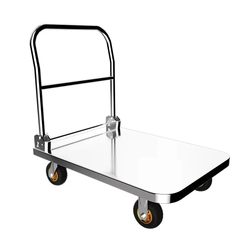 

304 202 Stainless Steel Foldable Platform Trolley Four Wheel Heavy Duty Handcart Durable Flexible Movement Large Loading Surface