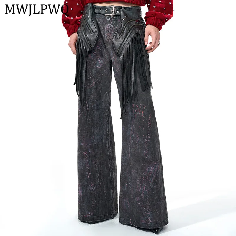 

MWJLPWQ со съемной поясной сумкой и кисточками, дизайнерские джинсы, мужские модные осенние нишевые широкие брюки с принтом High Street, 11592