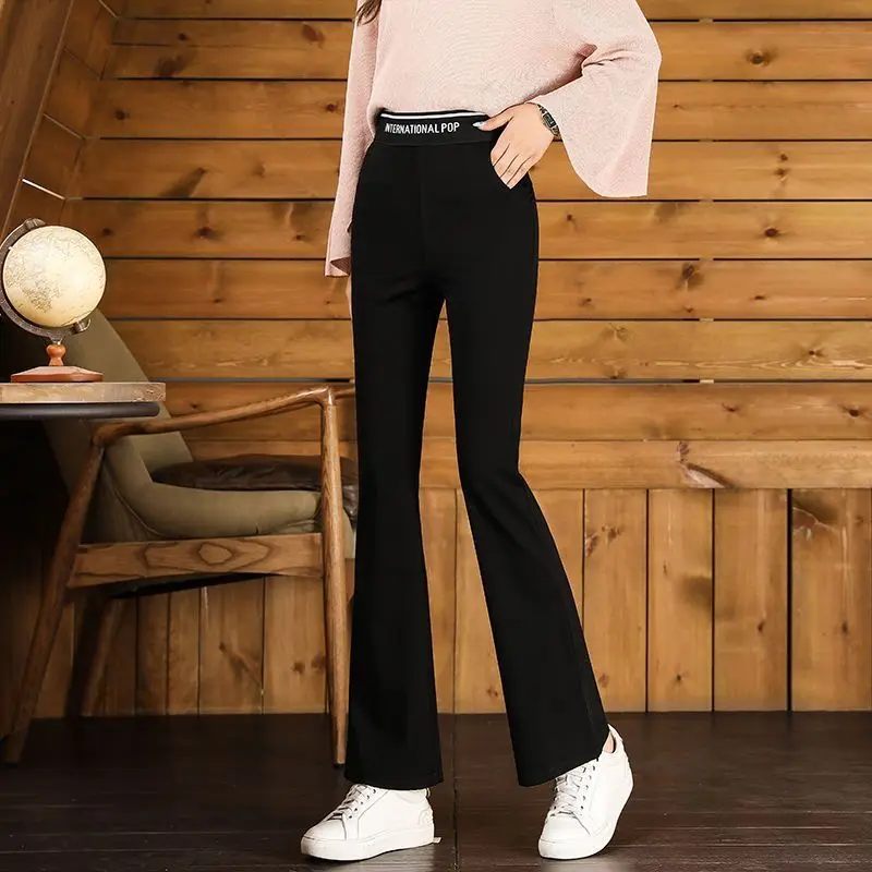 

Autumn and Winter Women's Solid Color Elastic Letter High Waist Slim Flare Pants Fashion and Casual Commuter All Match Trousers