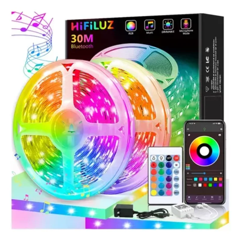 Tira bluetooth 30m hifilz luz de música inteligente controle de aplicação de luz para sala, tv, sala de jogos, decoração interior