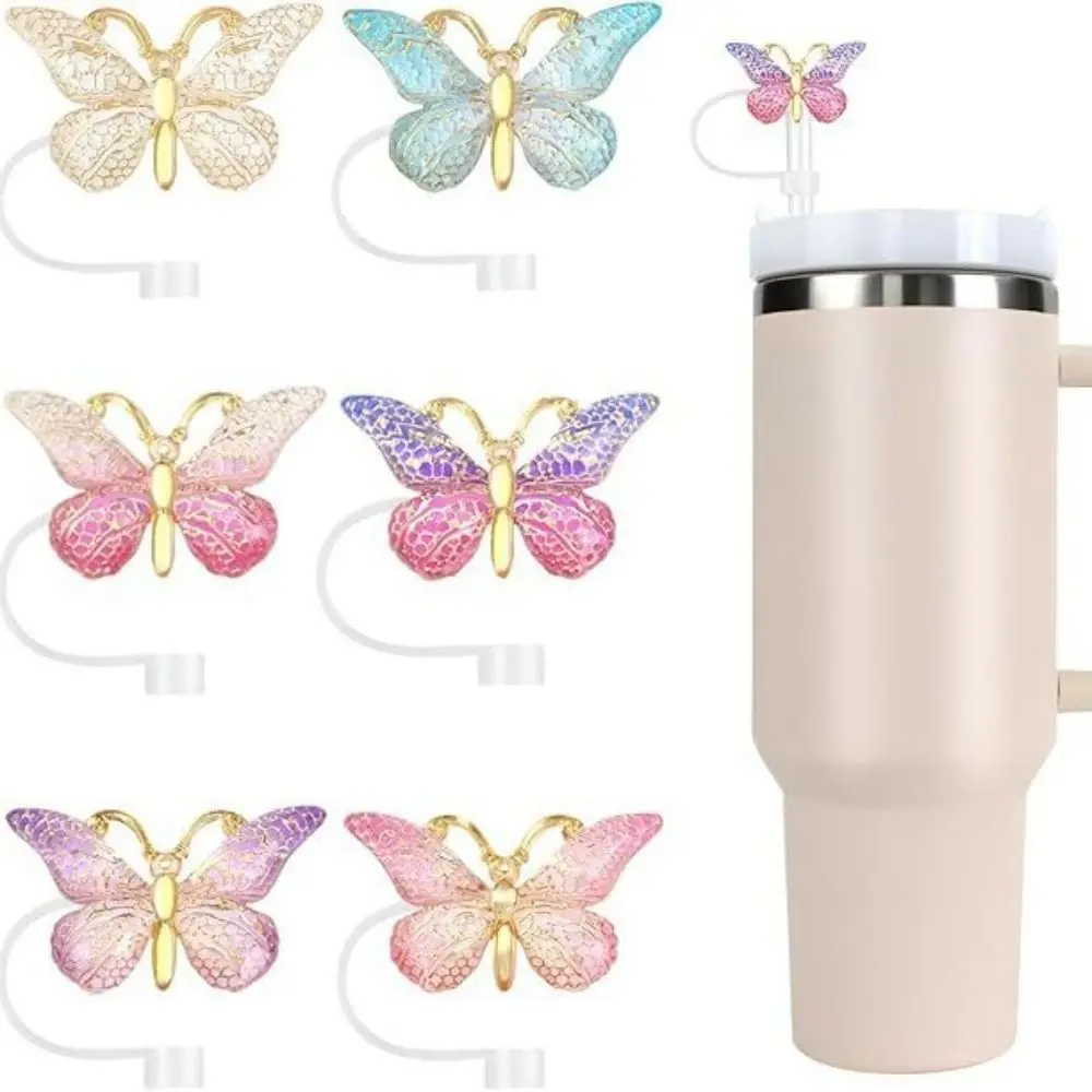 4/6Pcs Resin Butterfly Straw Covers Glitter Protective Function Glitter Silicone Straw Toppers Reusable Bling Straw Toppers