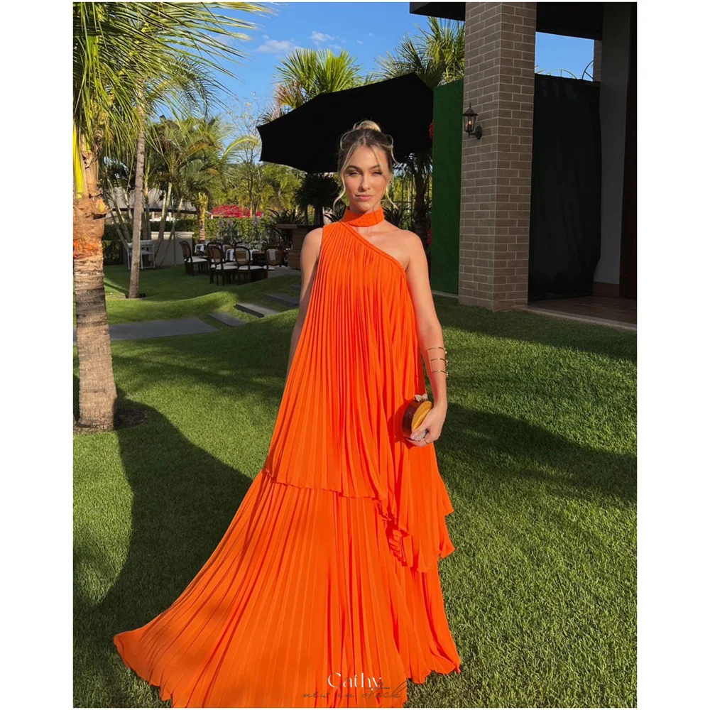 

Cathy Customized Orange One Shoulder Pleated Prom Dress Sleeveless Asymmetrical vestidos de noiva Floor-length Evening Dresses