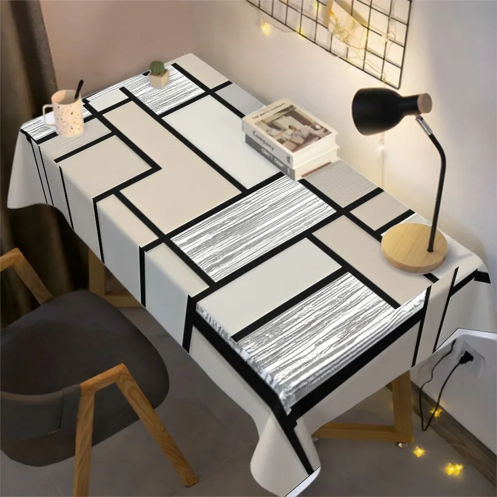 1PC Modern Simple Geometric Square Pattern Tablecloth, in a color scheme of beige, white and black.