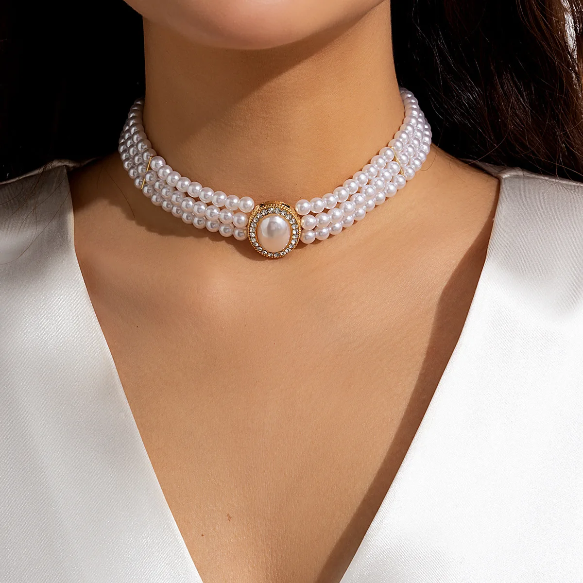 Choker Layered Faux Pearl Round Pendant with Premium Classic Look and Sturdy Adjustable Rose Gold Chain for Women Office Wear