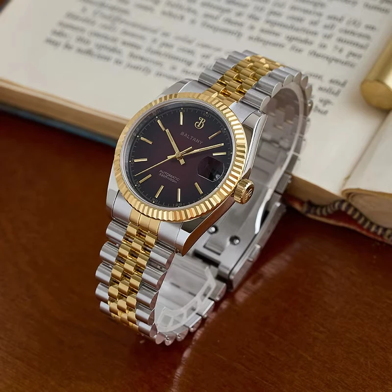 Retro 36mm Gold Dress Watch S4084 Fluted Bezel Cyclops Date Waterproof 10ATM Bracelet NH35 Automatic Mechanical Wristwatch Men