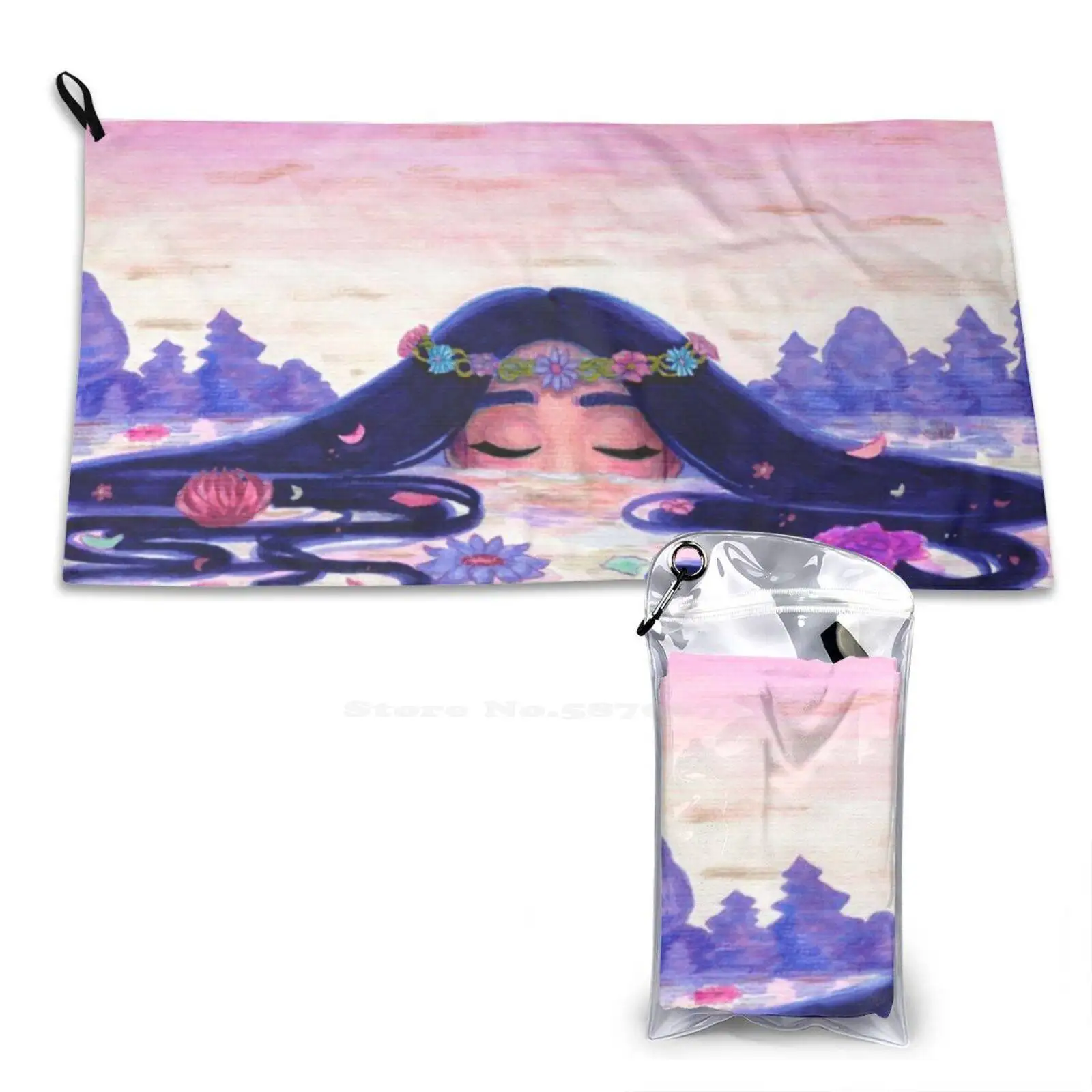 Lac Soft Microfiber Fabric Face Towel Lake Nature Flowers Floral Character Woman Female Girly Pink Purple