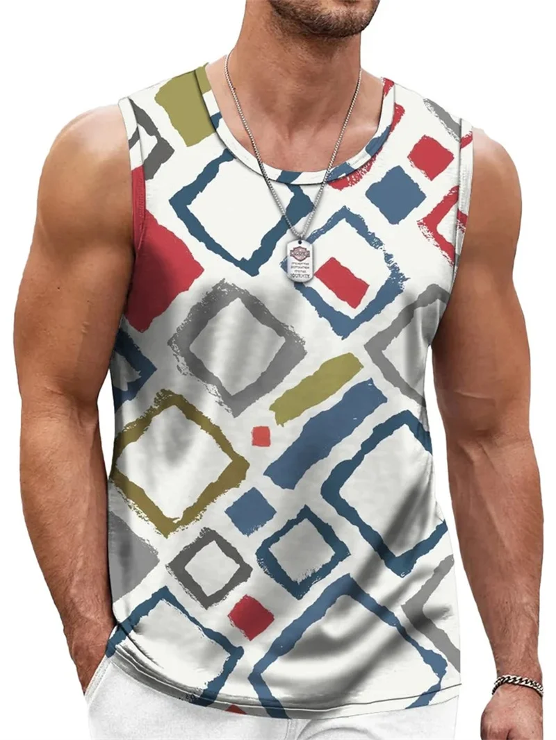 Men's retro geometric printed round neck vest 3D printed irregular color vest summer oversized casual street top Ropa