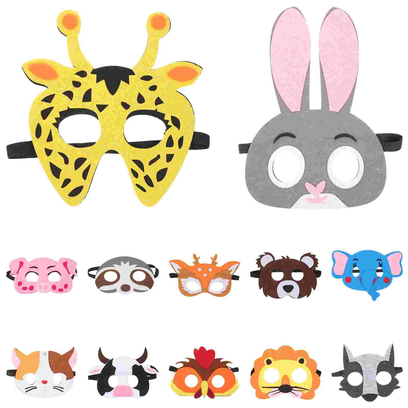 12 Pcs Kids Animal Masks Set Felt Deer Lion Bear Pig Rooster Bunny Elephant Giraffe for Halloween Carnival Dress Up