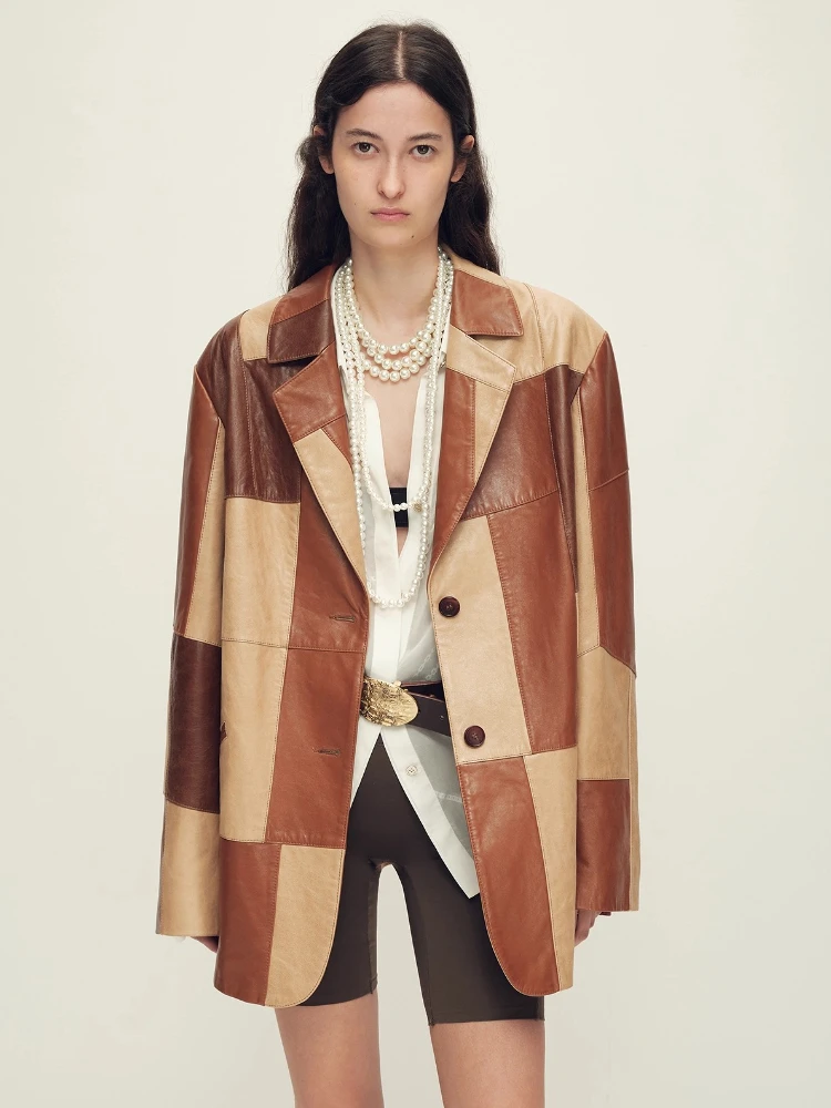 

Vintage Genuine Leather Blazer Jacket for Women High-end Simple Contrast Splicing Design Soft Oil Wax Real Goatskin Leather Coat