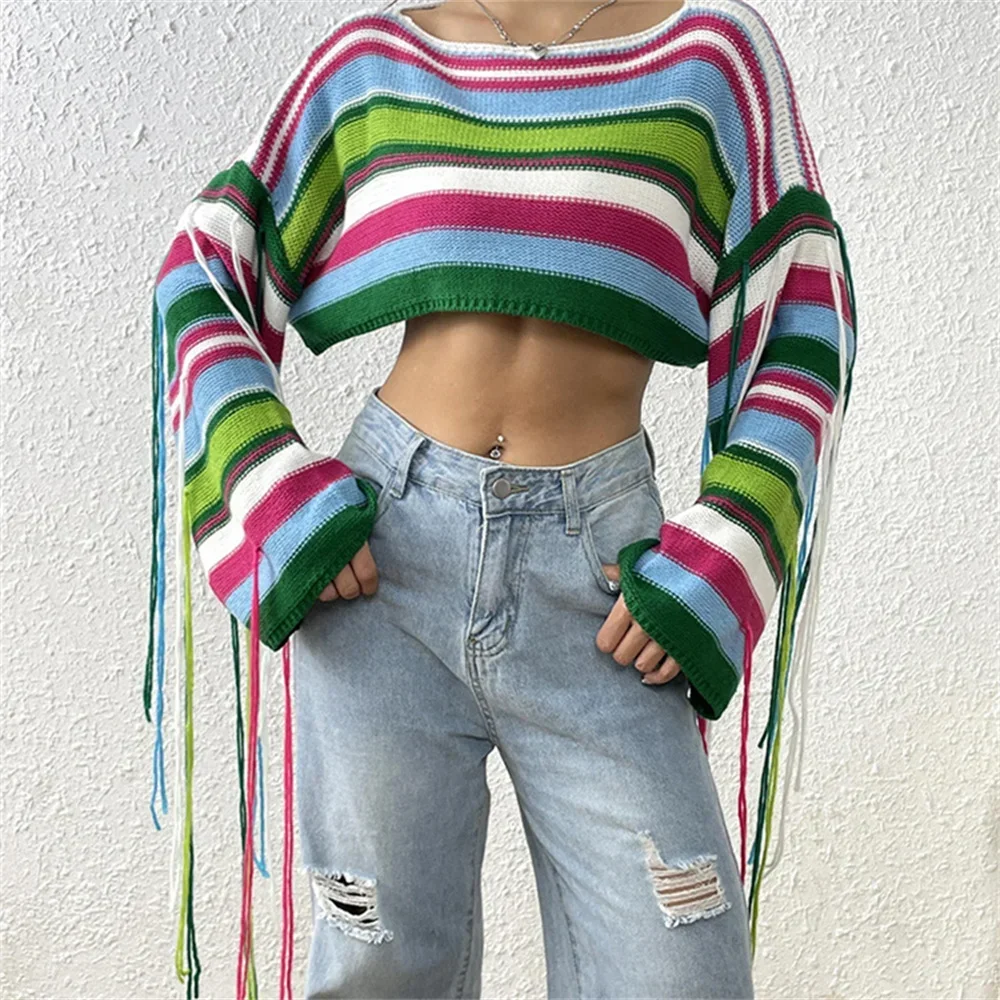 Радужный свитер, укороченный пуловер с бахромой, модель Y2K, верх, яркий тренд, Женский трикотажный джемпер, одежда, уличная одежда