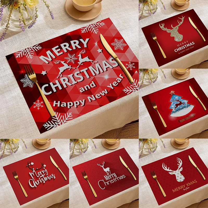 Christmas Digital Printed Red Elements Stylish Placemat Linen Birthday Party Heat-Resistant Stain-Proof Decor Table Pad