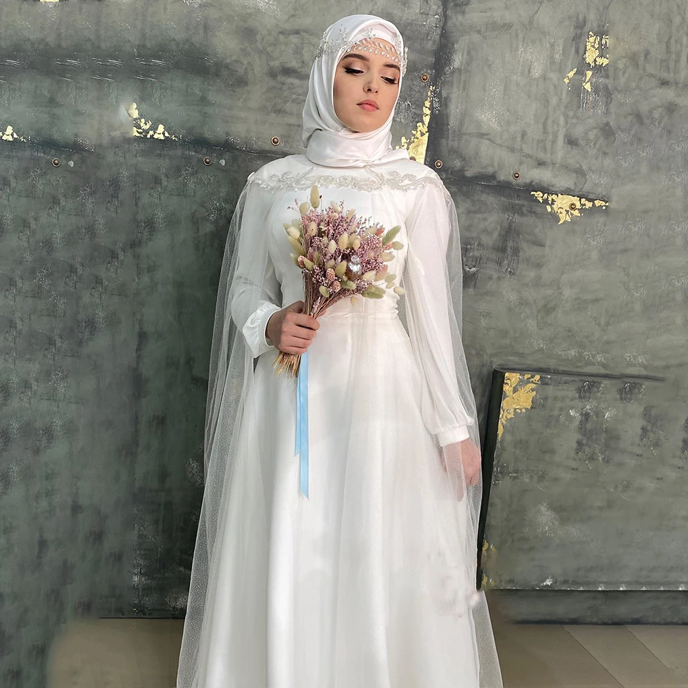 

Muslim Wedding Dresses with Cape High Neck Long Sleeve A-Line Bride Dress Modest Bridal Gown Customized فساتين سهرة