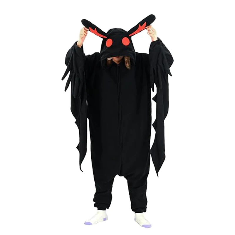 Women Pajamas Mothman Onesies Cartoon Kigurumi Adult Halloween Animal Cosplay Costume Black Jumpsuit Mens Full body Pijamas