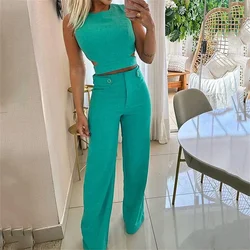 Women Solid Sleeveless Crop Top Long Pants Set Autumn New Office Lady Elegant O-Neck Vest and High Waist Wide Leg Pants Suit