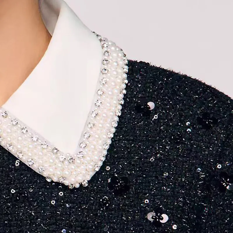 【Darmowy Prezent】Zestaw Damski Jesień Zima 2025: Francuski, Niszowy Top z Kolorowymi Blokami, Cyrkoniami, Perłami i Cekinami + Spodnie z Szerokimi Nogawkami