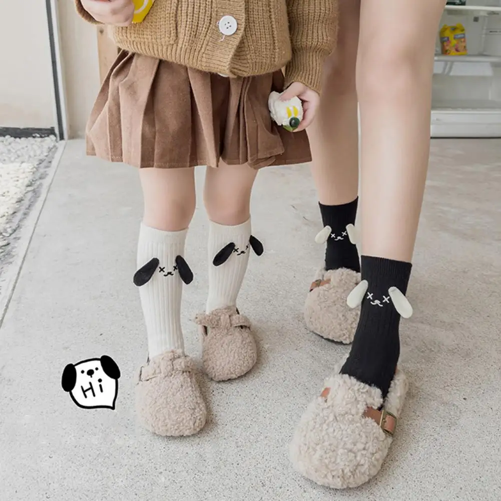 1 Pair Children Socks Mid-tube Length 3D Dog Ear Decor Cartoon Elastic Warm Striped Solid Color Girls Winter Fall Calf Socks