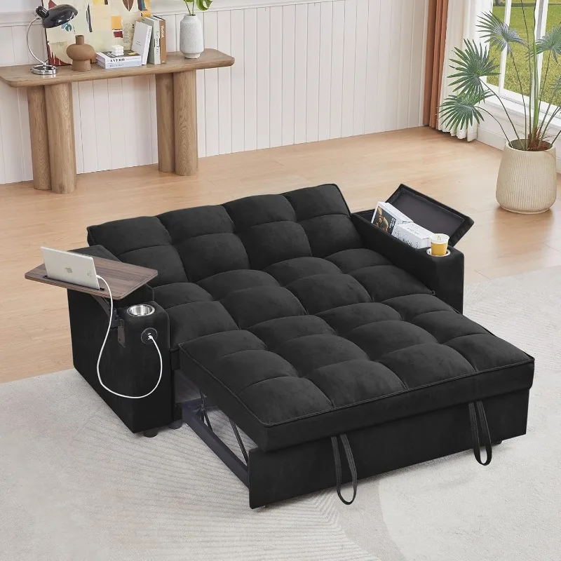 

65'' 3-in-1 Folding Convertible Sofa Bed, Pullout Sofa, Modern Chenille Fabric, 360° Swivel Side Table, Easy