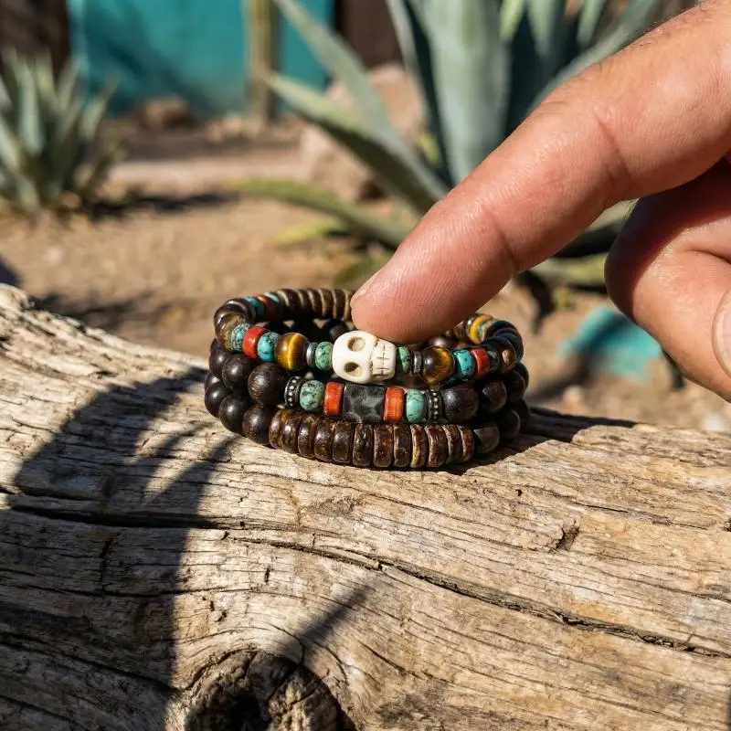Vintage Handmade Beaded Skull Bracelet For Men Wooden Coconut Shell Beaded Bracelet Jewelry view 5