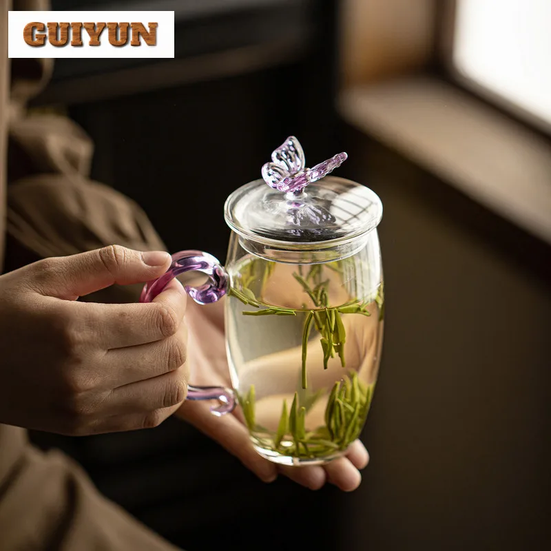 

380ml Butterfly With Handle And Cover Glass Mug Cup Luxury Kitchen Cup Afternoon Tea Mug Household Office Water Cup Teaset Craft