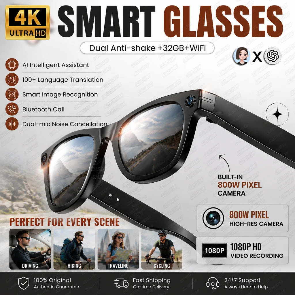 New AI Smart Glasses with 8MP HD Camera for Men Women Photography&Video Recording AI Translation AI Chat Call Travel Sunglasses