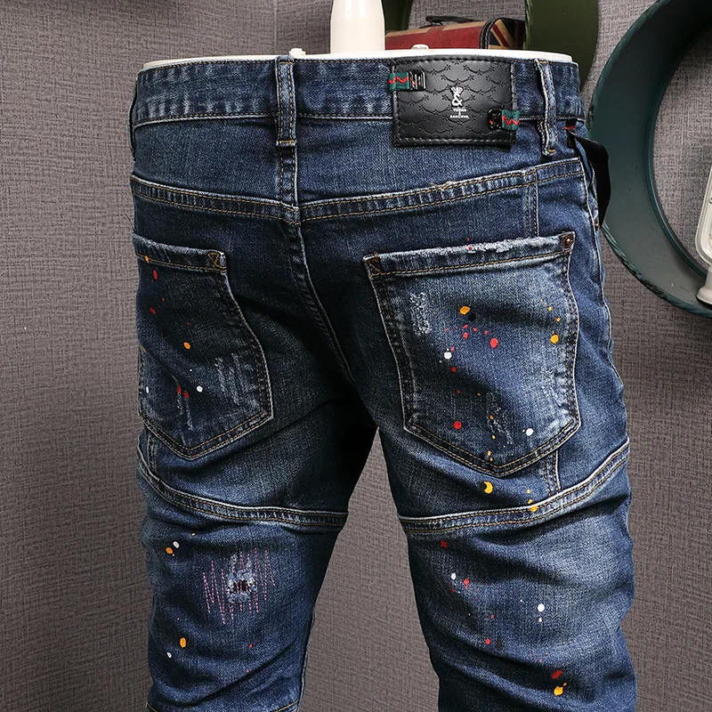 

Мужские джинсы Y2K в уличном стиле, ретро, синие, стрейч, зауженные, с рваными элементами, винтажные, с вышивкой, в стиле хип-хоп, джинсовые брюки