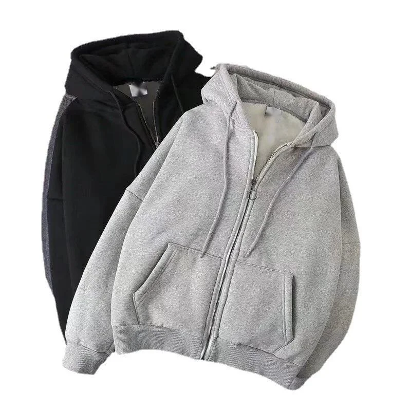 Stylish Women's Fleece Hooded Sweatshirt Winter Warm Cotton Coat Casual Solid Color Zip-Up Hoodies Plus Size Unisex Sweatshirt