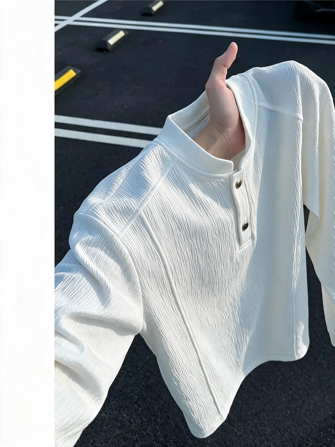 White Long Sleeve Henry Collar T-Shirt Men's Autumn High Fashion Sensation Inner Wear American Style Shoulder Stand Collar Top