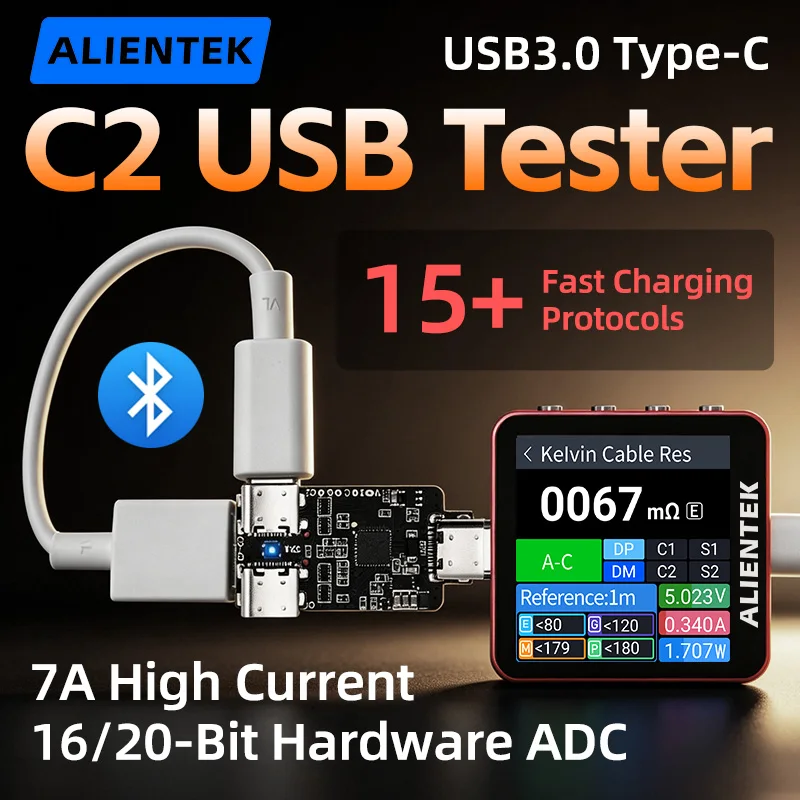ALIENTEK C2 Pro USBテスター、デジタル電圧計、ケーブルテスター、充電電力検出器、PD3.2バッテリーテスター、Type-Cテスター