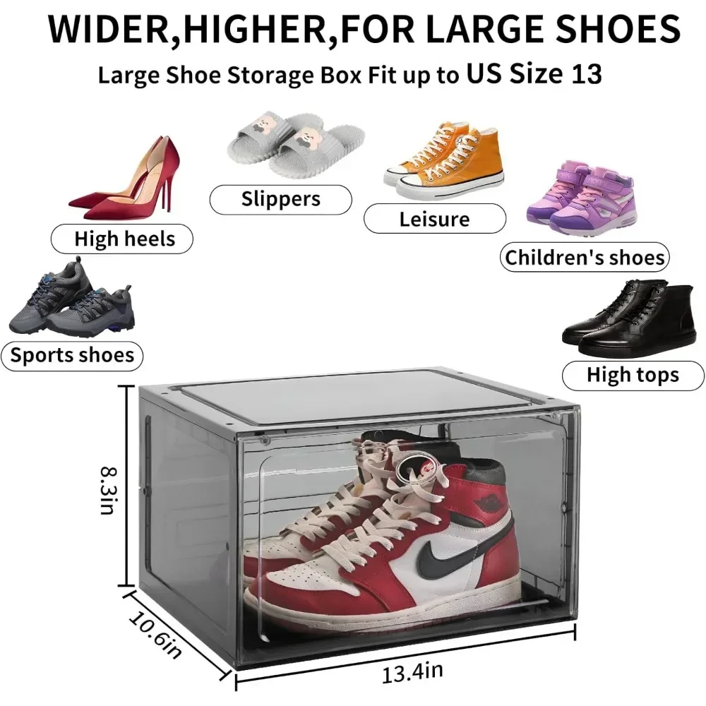 Large Shoe Box Clear Plastic Stackable, 8-pack Drop Side Shoe Storage Box with Magnetic Door, Storage Display Fits US Size 13