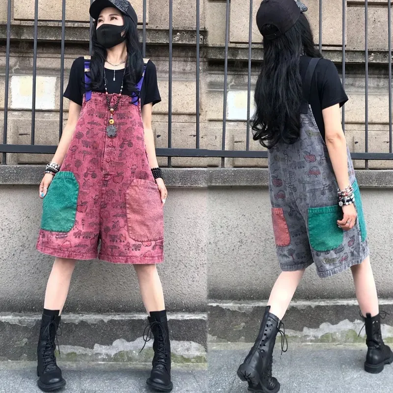 European Personalized Printed Denim Suspenders for Women Summer Flesh-covering Workwear One-piece Wide-leg Trousers