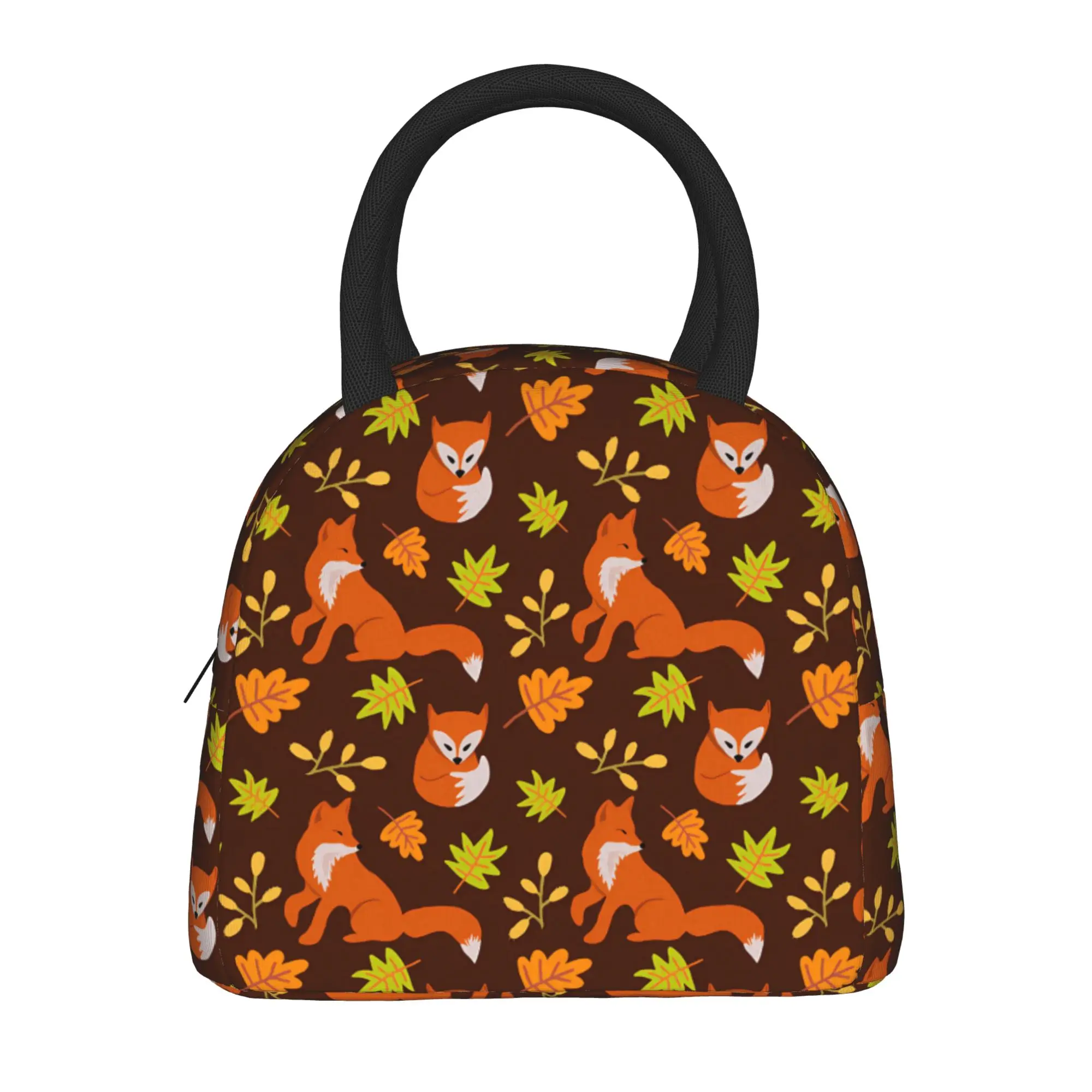 Cute Foxes Brown Autumn Leaves Lunch Bag Aesthetic Lunch Box For Child Office Portable Cooler Bag Designer Tote Food Bags