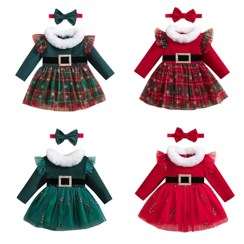 2024 Christmas Newborn Baby Girls Casual Dress Solid/Plaid Print Ruffles Long Sleeve Fur Velvet Party Tulle Dress Xmas Outfits