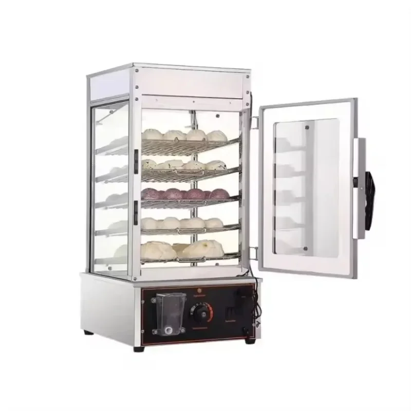 

Electric Commercial Stainless Steel Food Warmer Display Showing Baking Kitchen Machine Bao Dimsum Bun Steamer with Glass