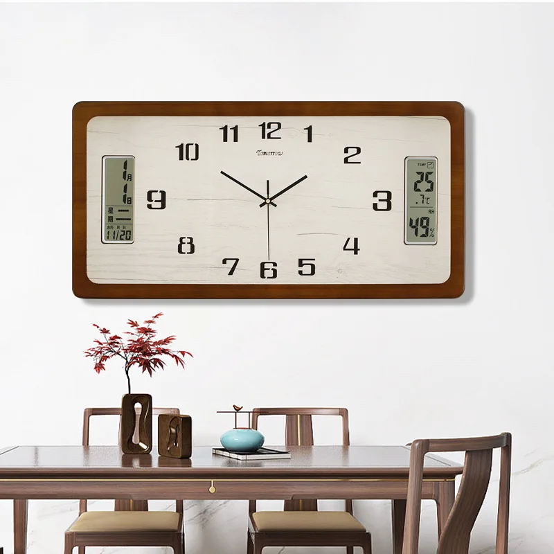 New solid wood wall clock, Chinese clock, living room silent perpetual calendar, quartz clock, simple and modern home clock