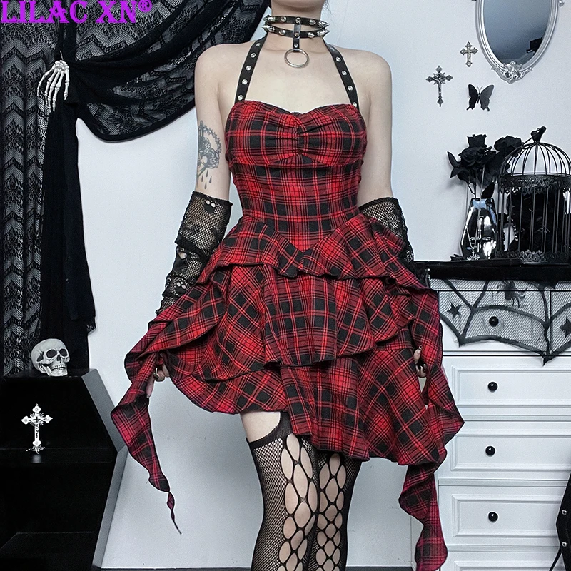 Y2K Sexy Red Plaid Backless Halter Bodycon Party Dresses Goth Aesthetic Irregular Slim A-Line Mini Dress Women Summer Streetwear