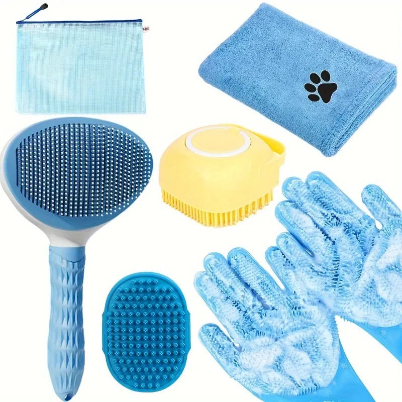 6pcs/set Dog Wash Effective Pet Kit Cleaning Set Hair Remover Brush Dog Cat Non-slip Beauty Brush Dog Grooming Quick Dry Towel