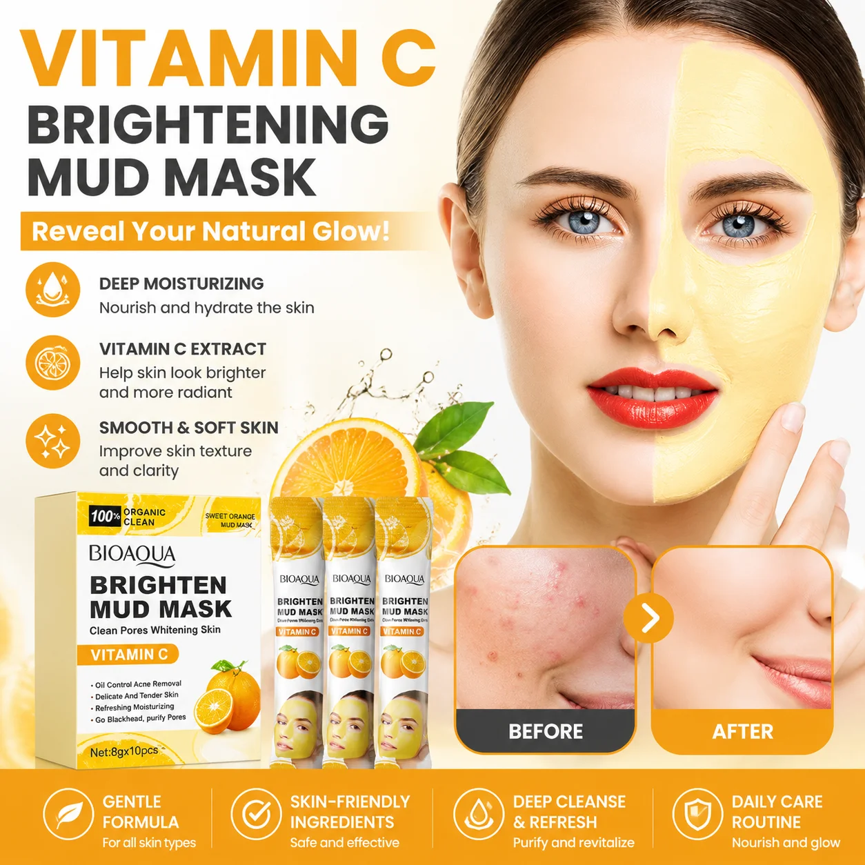 Vitamin C Brightening and Whitening Mud Film Cleanses Pores, Deeply Moisturizes, and Brightens and Softens the Skin