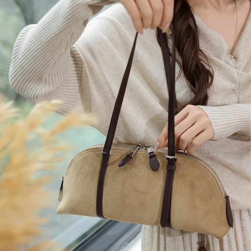 Women's Genuine Suede Cowhide Leather Half Moon Long Rectangular Shoulder Bag Matte Nubuck Leather Dual Zip Underarm Handbag