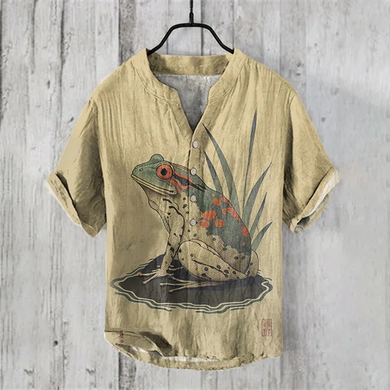 

New Men's Japanese Art Landscape Ink Painting Bamboo Bird Fish Fashion Casual Henley V-neck Shirt