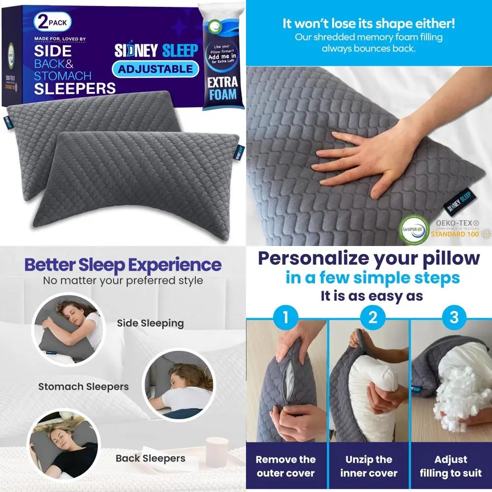 

Sidney Sleep 2-Pack Queen Bed Pillows - Ergonomic Memory Foam for Side and Back Sleepers with Adjustable Fill