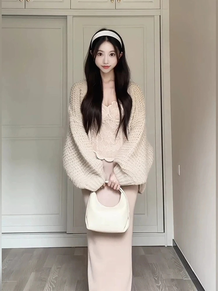 

XZY Plump Gentle Lazy Knitted Sweater Cardigan Women's Winter Embroidery ter Skirt Tee-piece Set High Waist A-line Dr