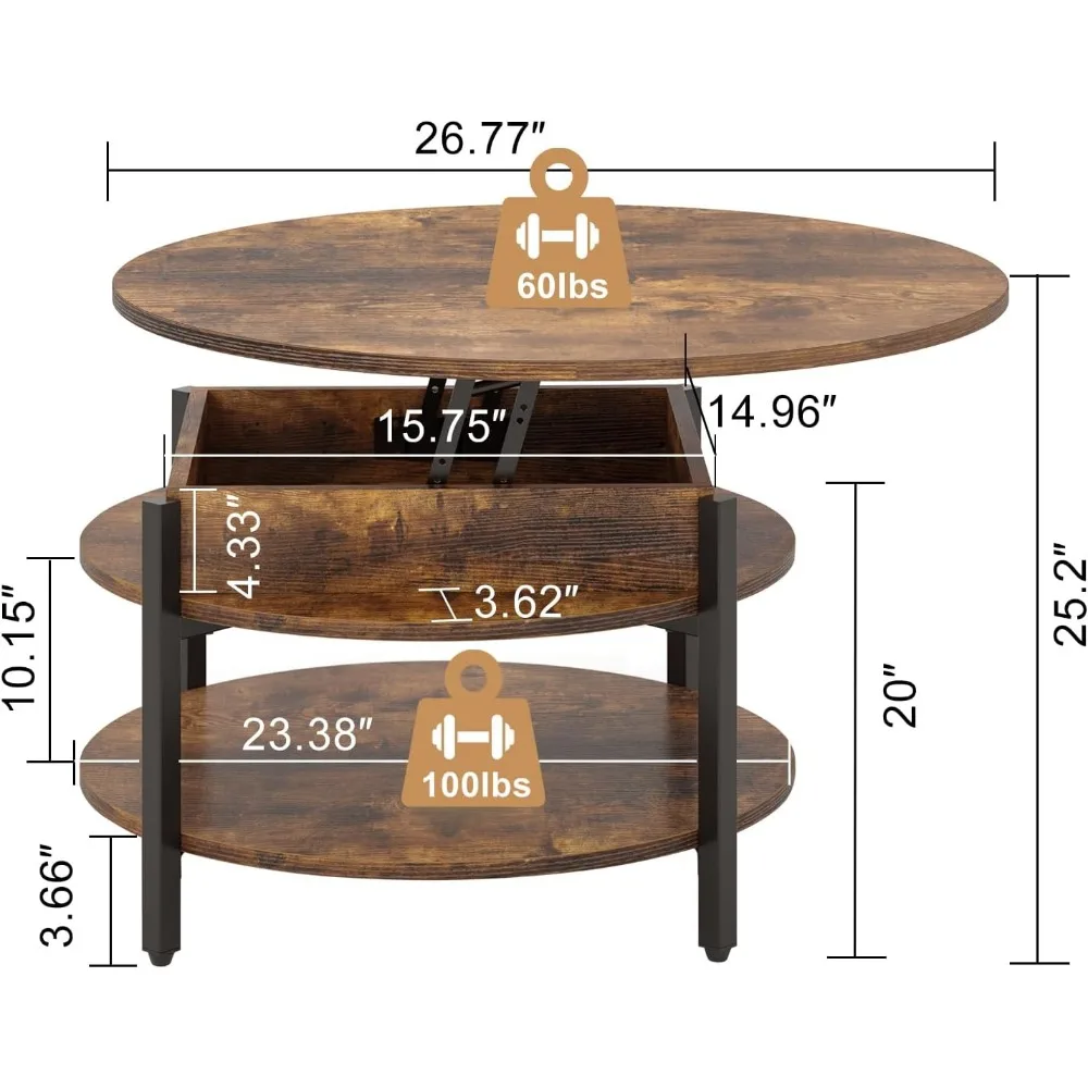 Круглый подъемный журнальный столик с хранилищем, скрытый отсек, 2-й этажный фермерский журнальный столик 26,77 дюйма для гостиной