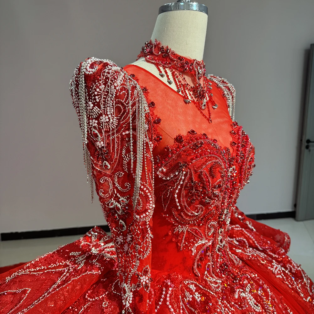 Vestido de fiesta de diseño Popular de manga larga personalizado, vestidos de novia rojos 2026 con cuello redondo, vestido de novia de princesa con gradas