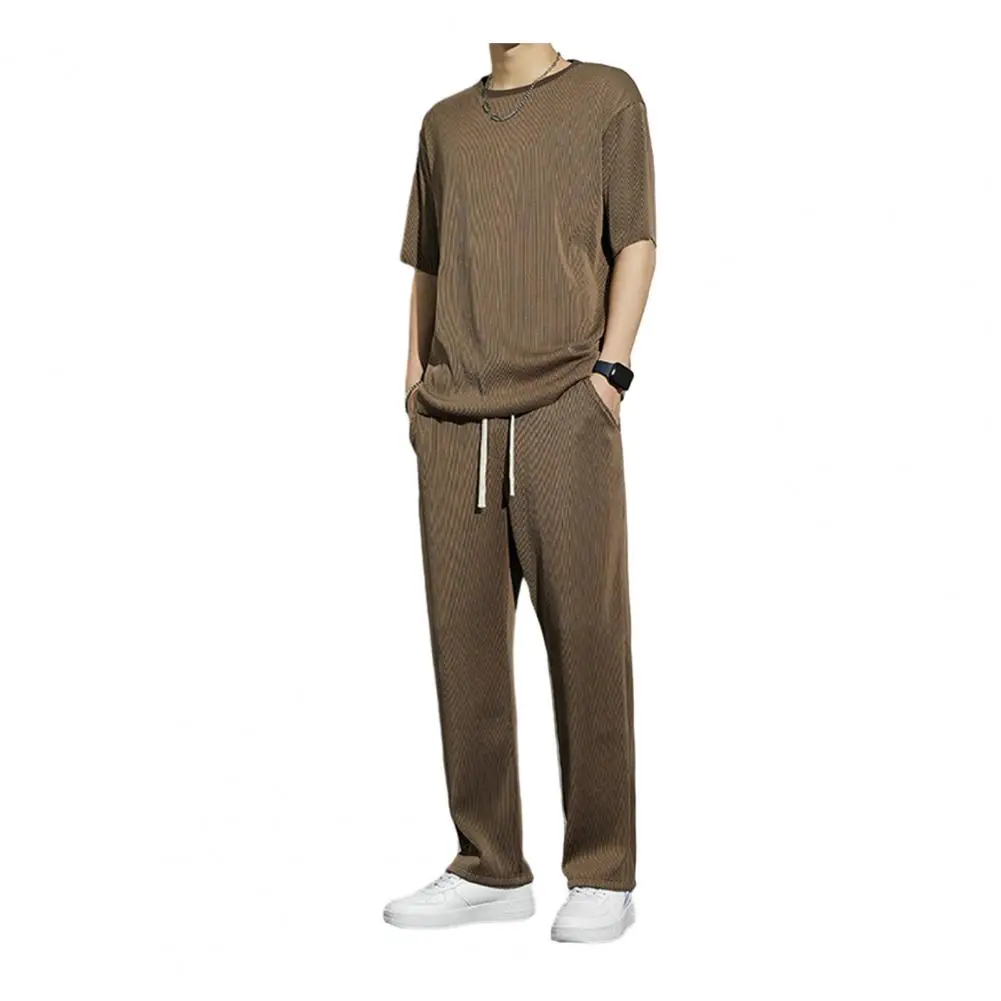 Ice Silk Men Clothing Men's Summer Sports Set Round Neck T-shirt Drawstring Pants Two-piece Set for Indoor Outdoor for Men